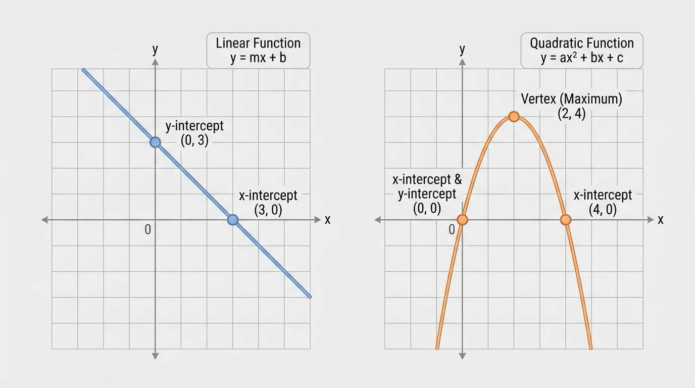 Side-by-side coordinate planes showing a line with intercepts marked and a parabola with intercepts and vertex marked