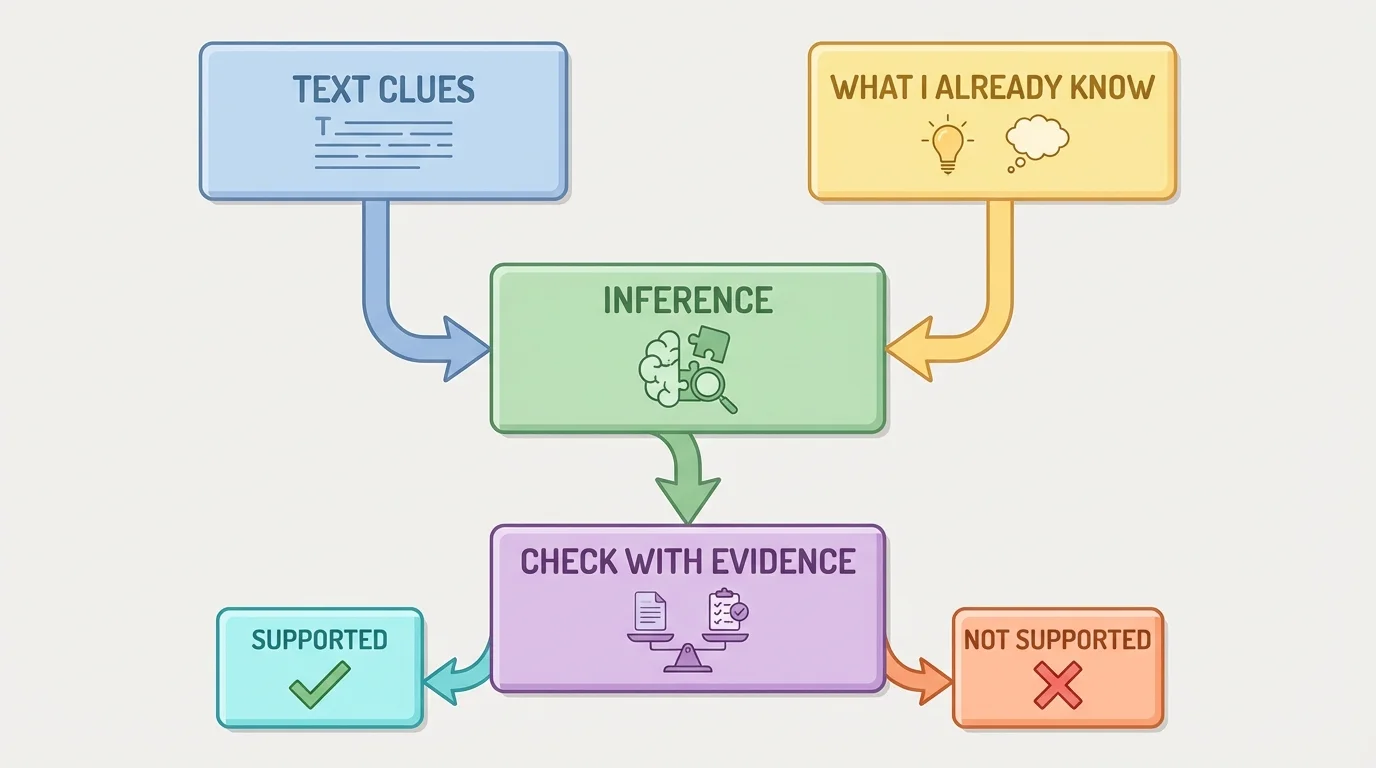 Flowchart showing boxes labeled text clues and what I already know leading to inference and then check with evidence