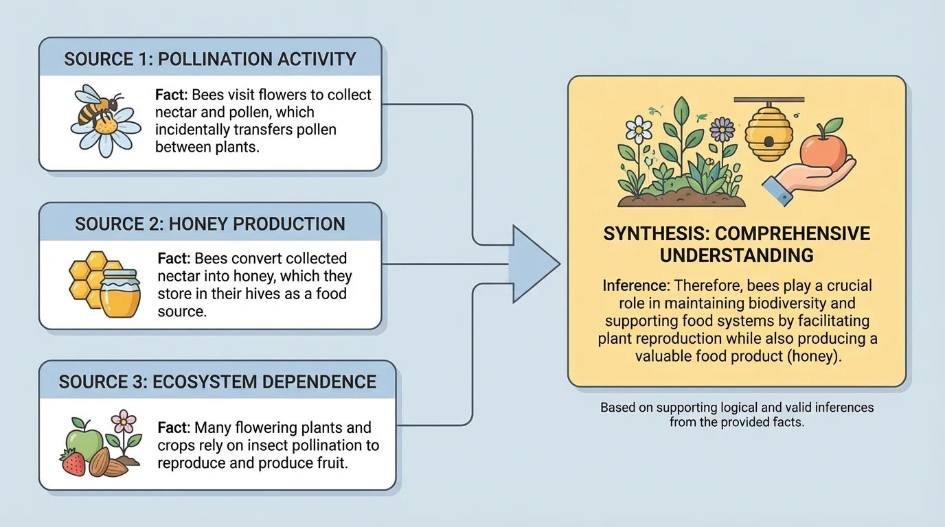 Chart with three source boxes about bees, each showing a different fact, leading to one combined synthesis box