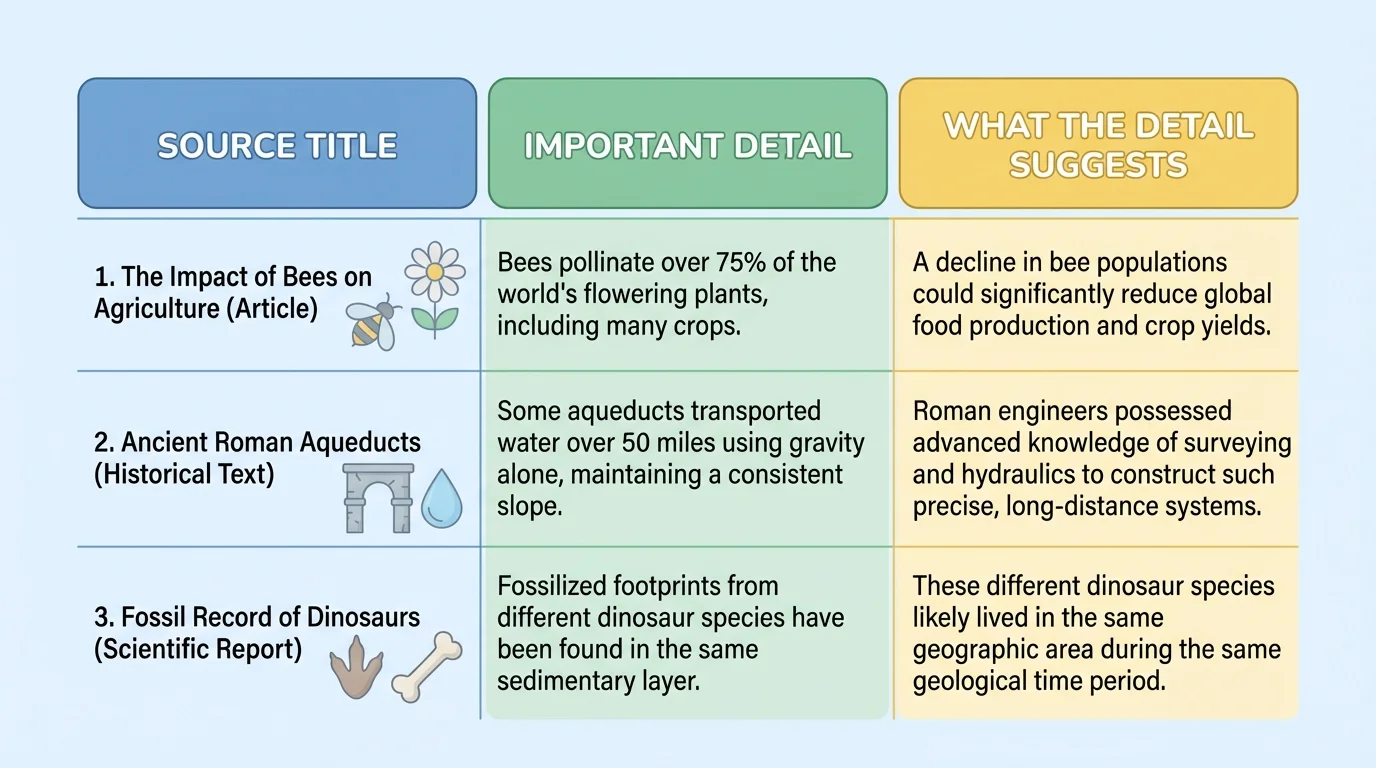 Simple research note chart with columns labeled source title, important detail, and what the detail suggests
