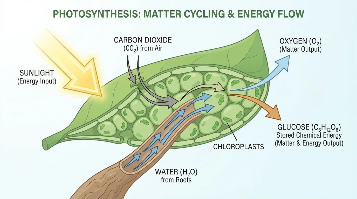 Leaf diagram with arrows showing sunlight, water entering from roots, carbon dioxide entering from air, and glucose plus oxygen produced