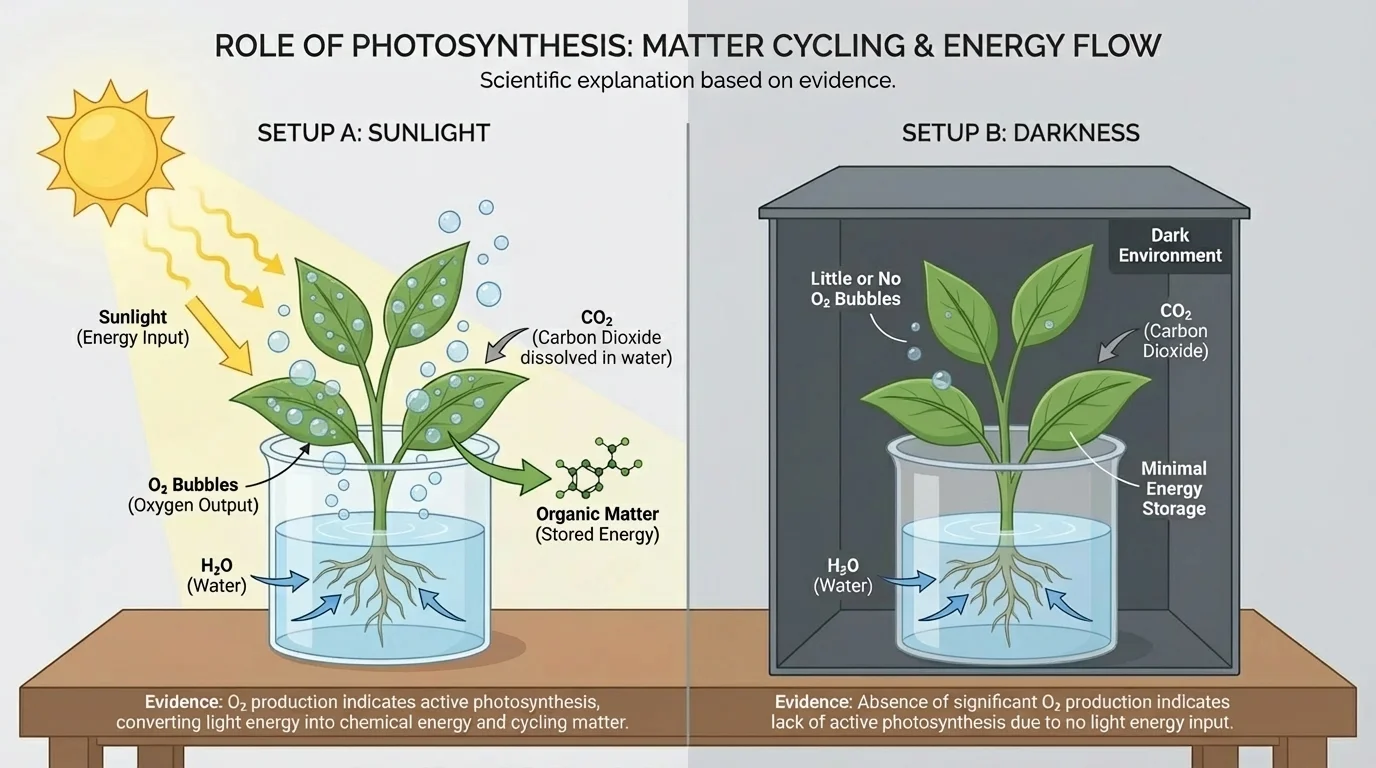 Two plant setups, one in sunlight producing oxygen bubbles and one in darkness with little or no bubbling