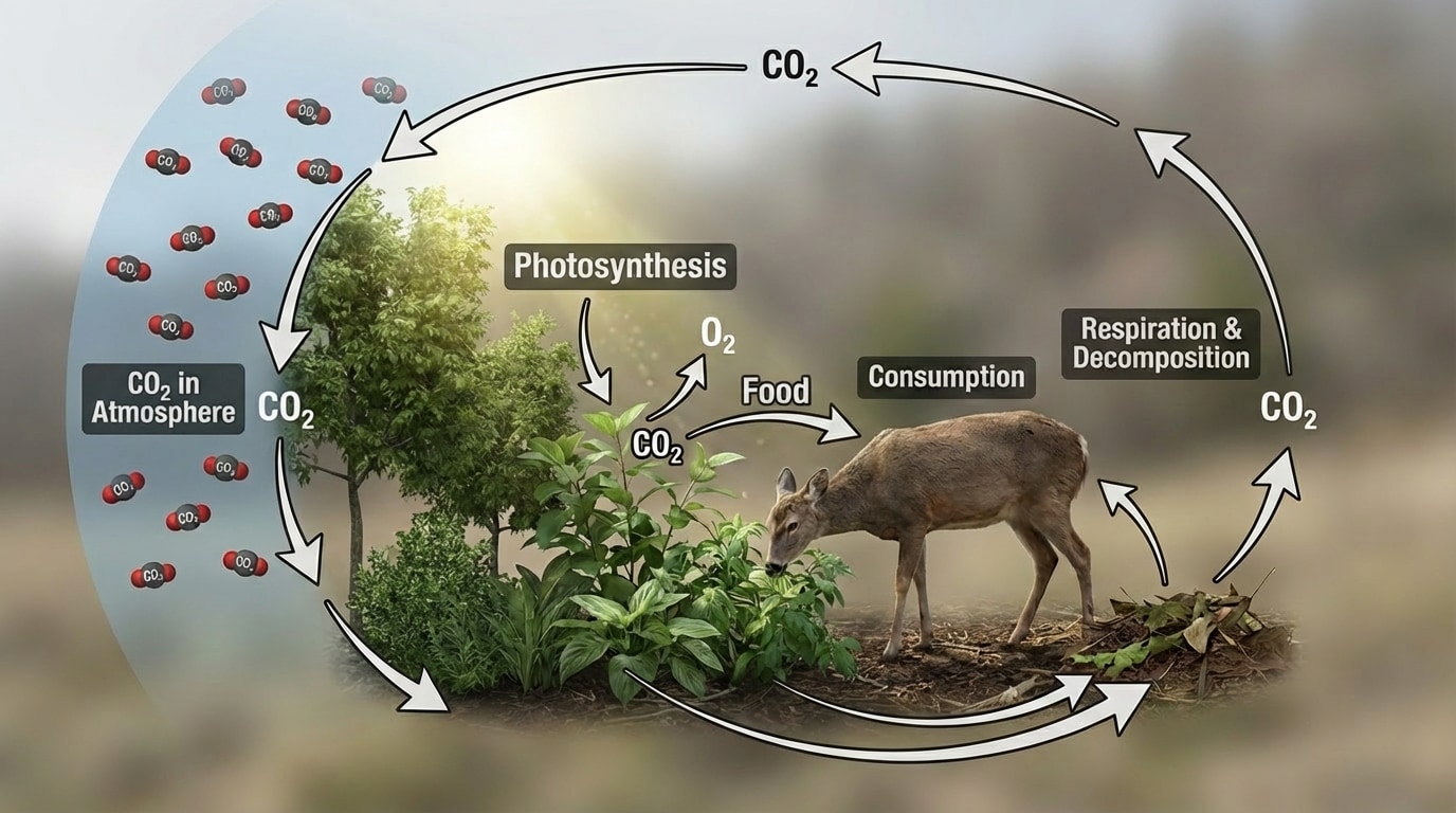 A carbon cycle loop showing CO2 in air → plant photosynthesis → animals eating plants → respiration and decomposition returning CO2 to the atmosphere.