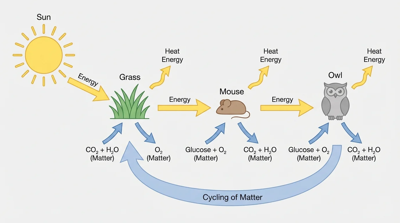Flowchart showing energy from Sun to grass to mouse to owl with heat arrows leaving each organism