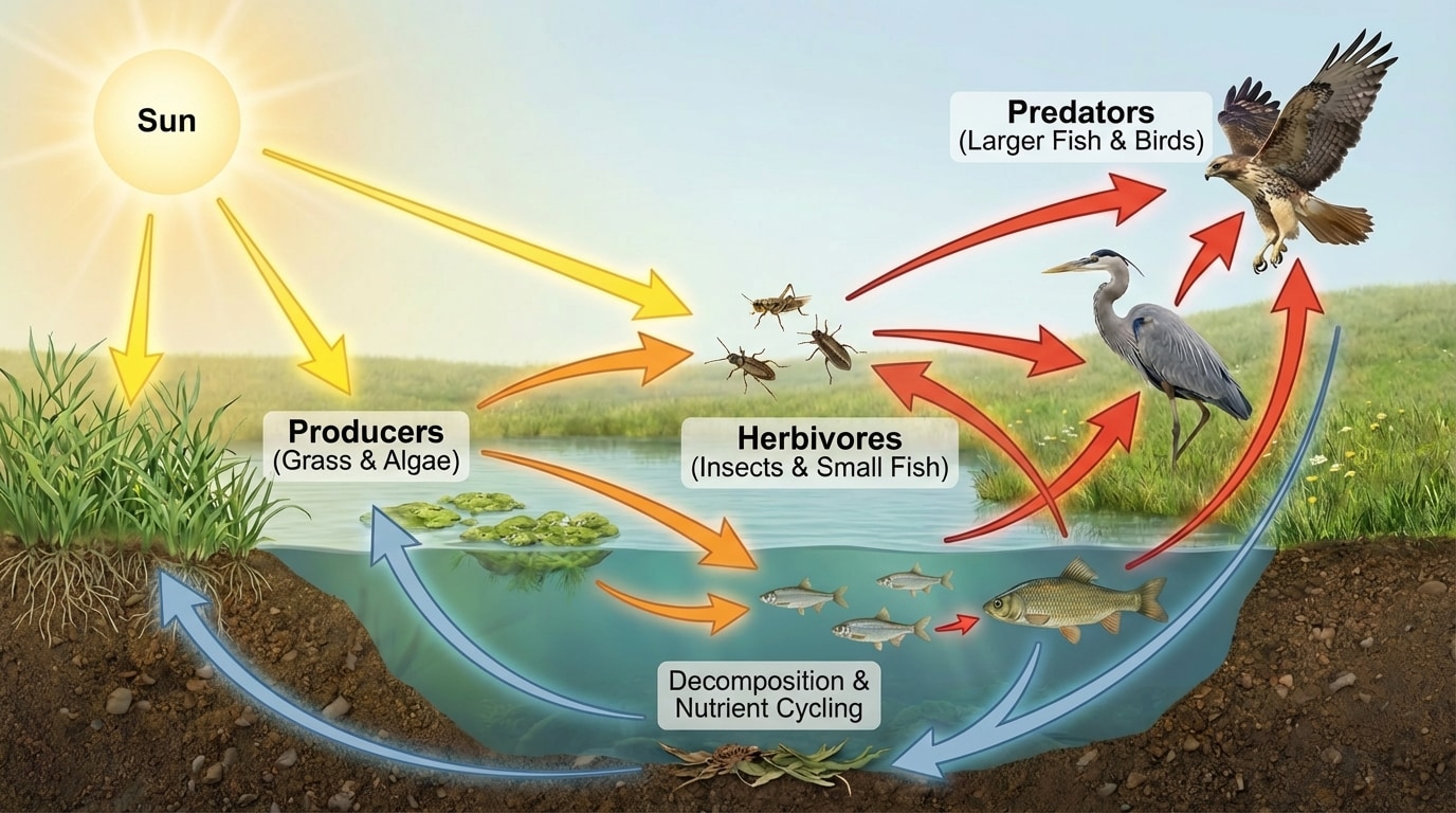 A simple food web with sun → grass & algae (producers) → insects & small fish (herbivores) → larger fish & birds (predators), with arrows showing direction of energy flow.