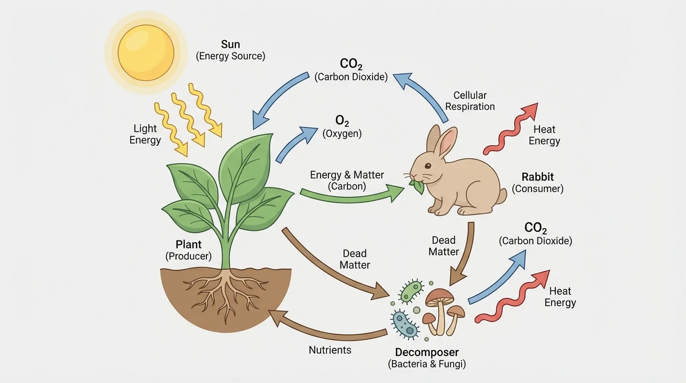 Matter cycle diagram showing carbon dioxide in air, plant, rabbit, decomposer, and return of matter to environment