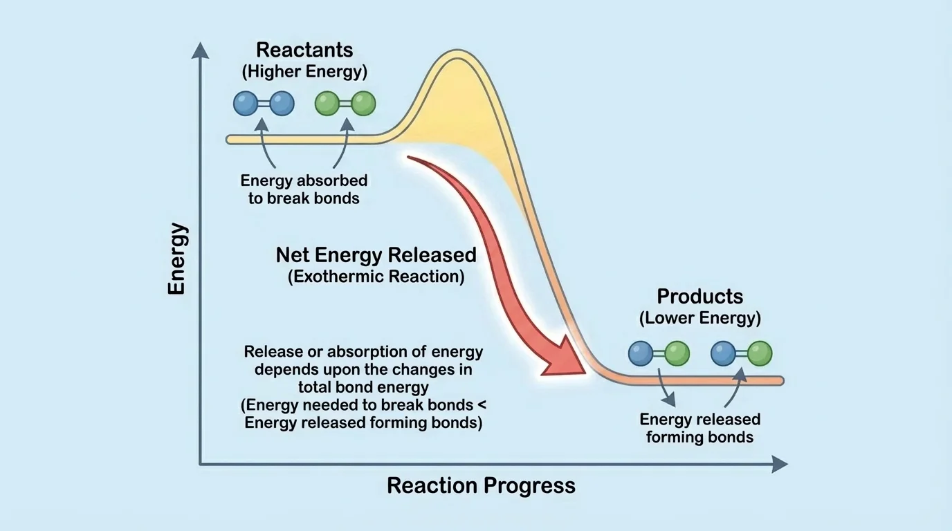 Simple reaction energy profile with reactants at higher energy, products at lower energy, and an arrow showing energy released to surroundings
