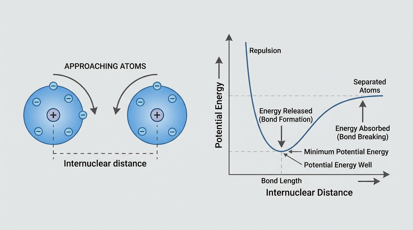 Two atoms approaching each other, showing nuclei with + signs and electron clouds with − signs, plus a potential-energy-versus-distance curve that dips to a minimum at the bond length, labeled as a potential energy well.
