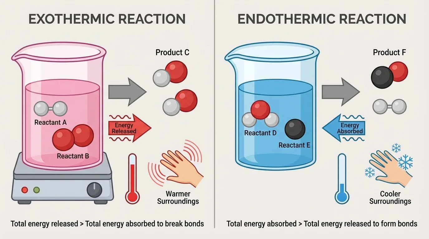 Two-panel comparison chart showing exothermic reaction with energy arrows outward and warmer surroundings, and endothermic reaction with energy arrows inward and cooler surroundings