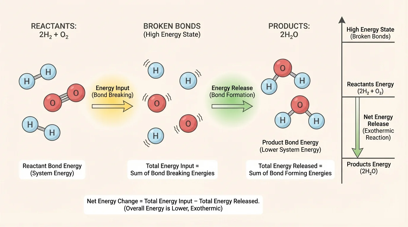 Step-by-step model for hydrogen and oxygen reacting to form water, showing reactant bonds, energy input for bond breaking, product bond formation, and lower relative energy of products