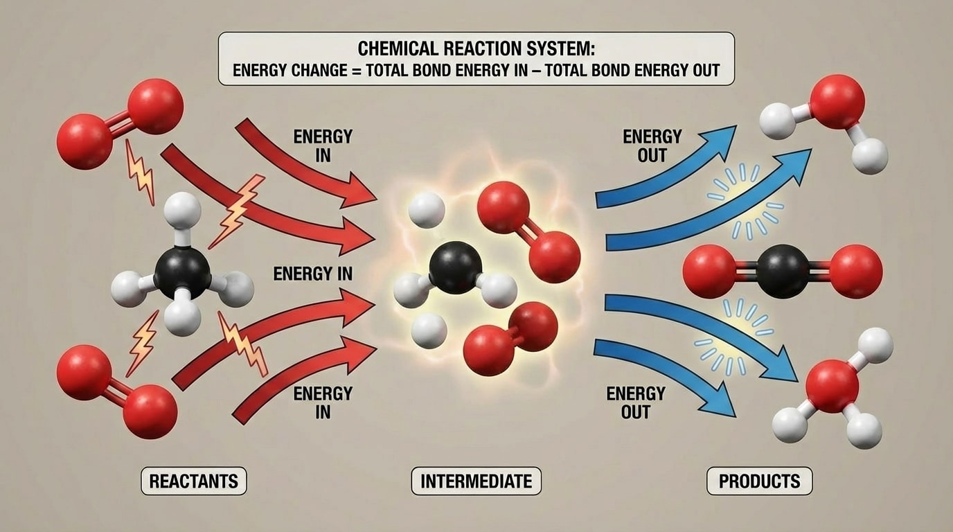 Schematic showing bonds in reactant molecules being broken with arrows labeled “energy in,” and new bonds in product molecules forming with arrows labeled “energy out,” with reactant and product molecules drawn as connected spheres.