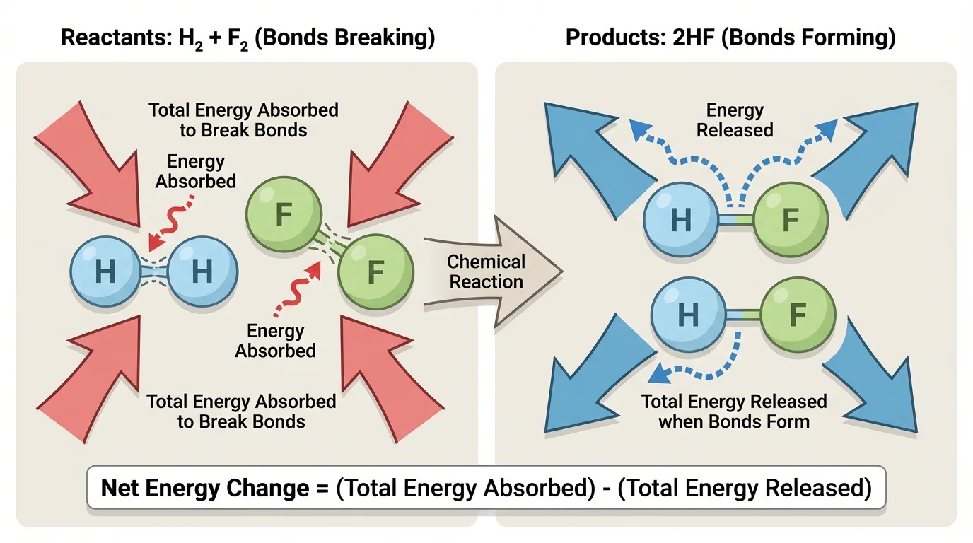 Side-by-side molecular model showing reactant bonds being broken with incoming energy arrows and product bonds forming with outgoing energy arrows, using simple molecules and labeled bonds