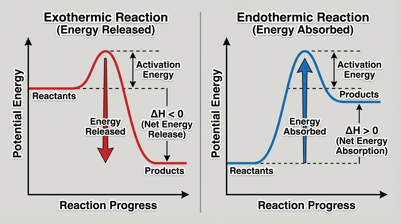 Side-by-side potential energy vs reaction progress graphs. Left: exothermic reaction with reactants at higher energy than products and a central energy peak labeled activation energy. Right: endothermic reaction with reactants at lower energy than products and a similar activation energy peak.