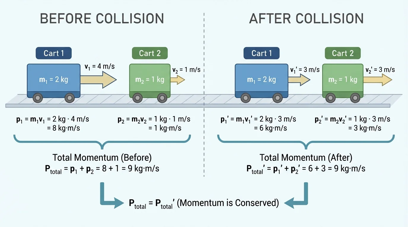 Before-and-after diagram of two carts on a track with labeled masses and velocities, showing individual momenta and equal total momentum before and after collision