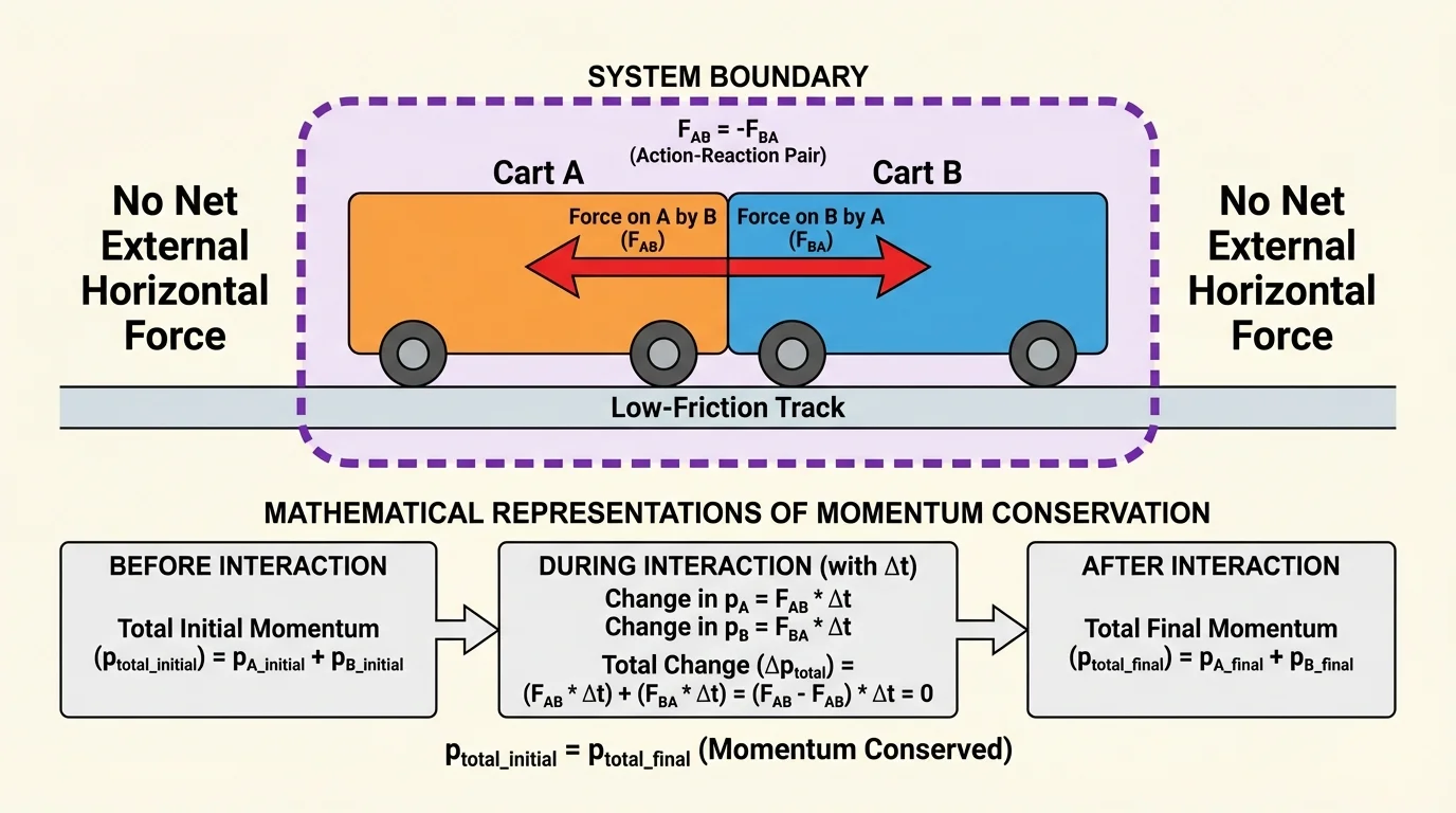 Two carts touching on a low-friction track inside a dashed system boundary, arrows showing equal and opposite interaction forces and no external horizontal force
