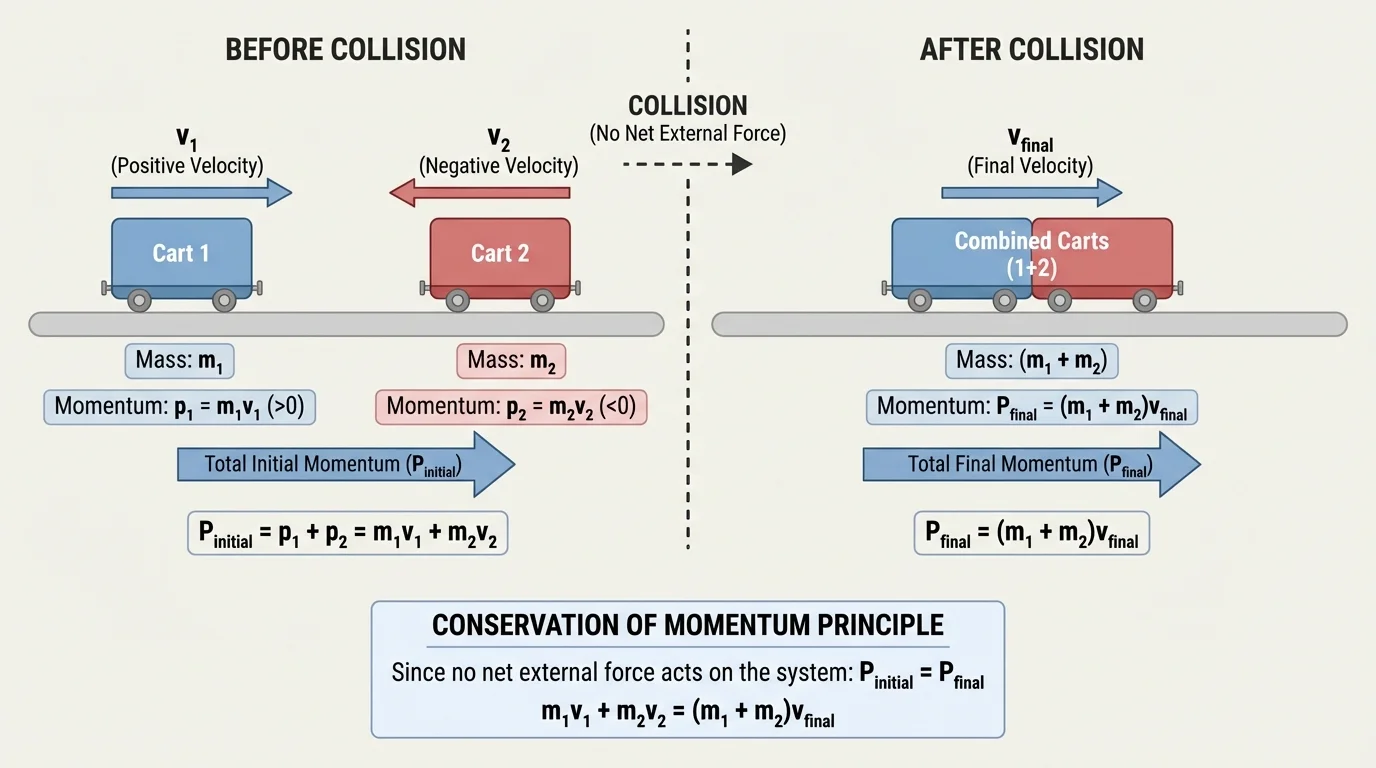 Two carts on a horizontal track, one moving right labeled positive velocity and positive momentum, one moving left labeled negative velocity and negative momentum