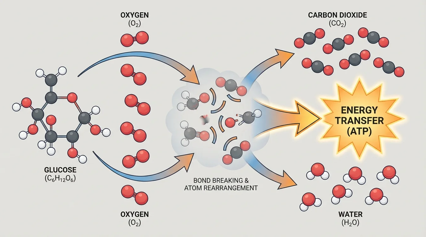 Labeled molecular model showing glucose and oxygen on the left, arrows indicating bond breaking and atom rearrangement, and carbon dioxide and water on the right
