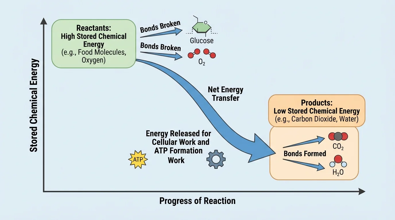 Energy diagram with reactants at higher stored chemical energy than products, arrow showing net energy released to cellular work and ATP formation