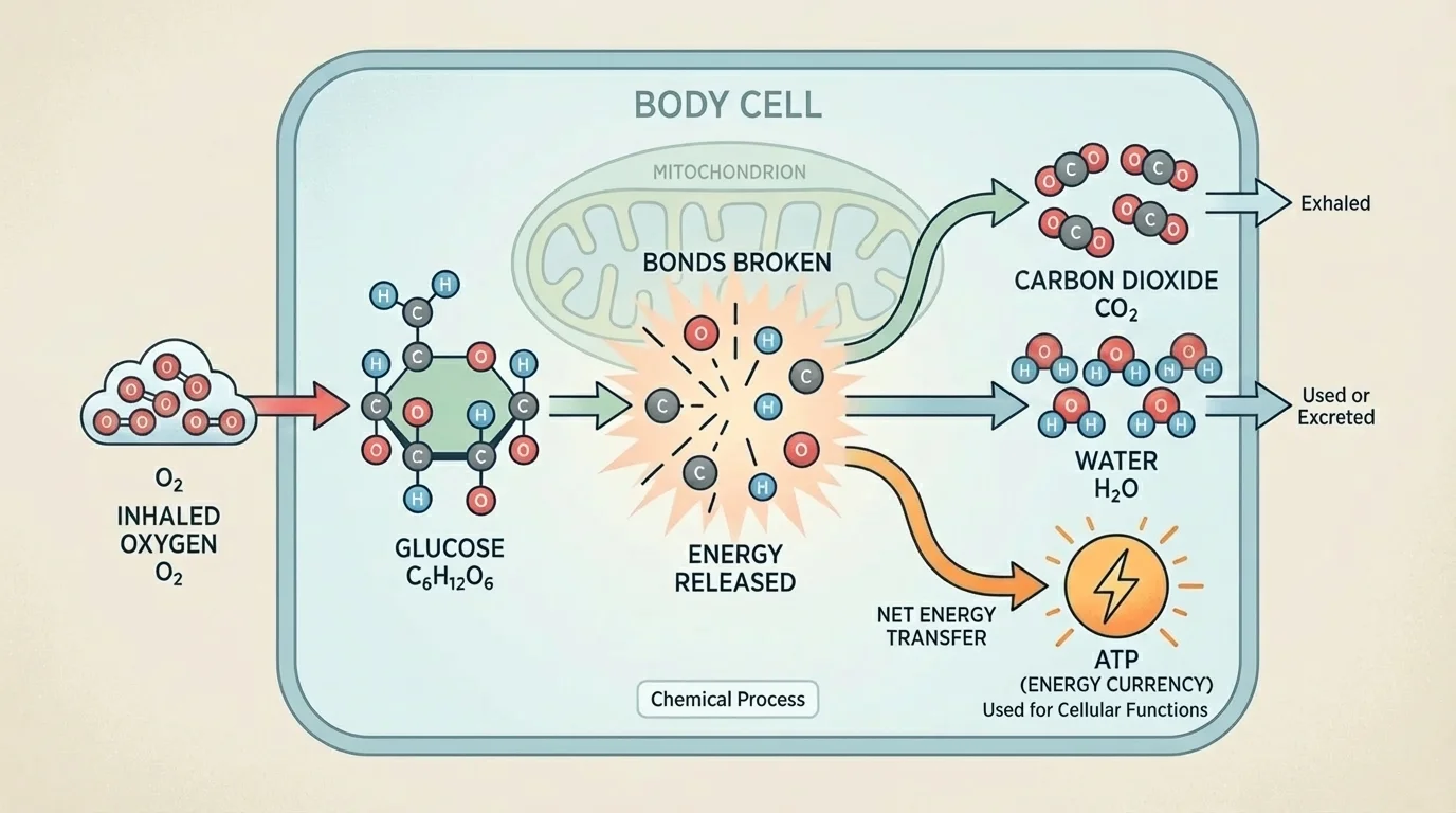 Flowchart tracing carbon, hydrogen, and oxygen atoms from glucose and inhaled oxygen into carbon dioxide, water, and energy transfer in a body cell