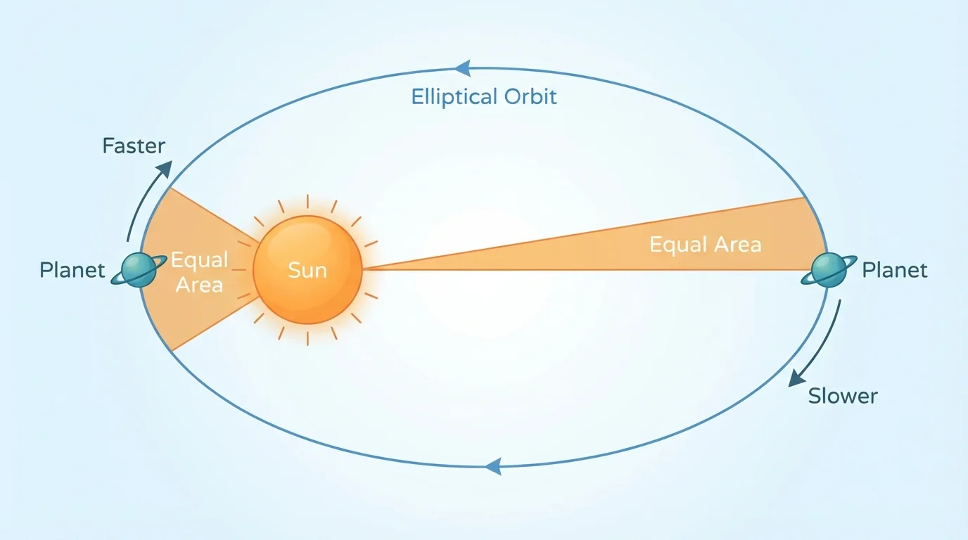 Planet orbit with two equal-area sectors showing faster motion near perihelion and slower motion near aphelion