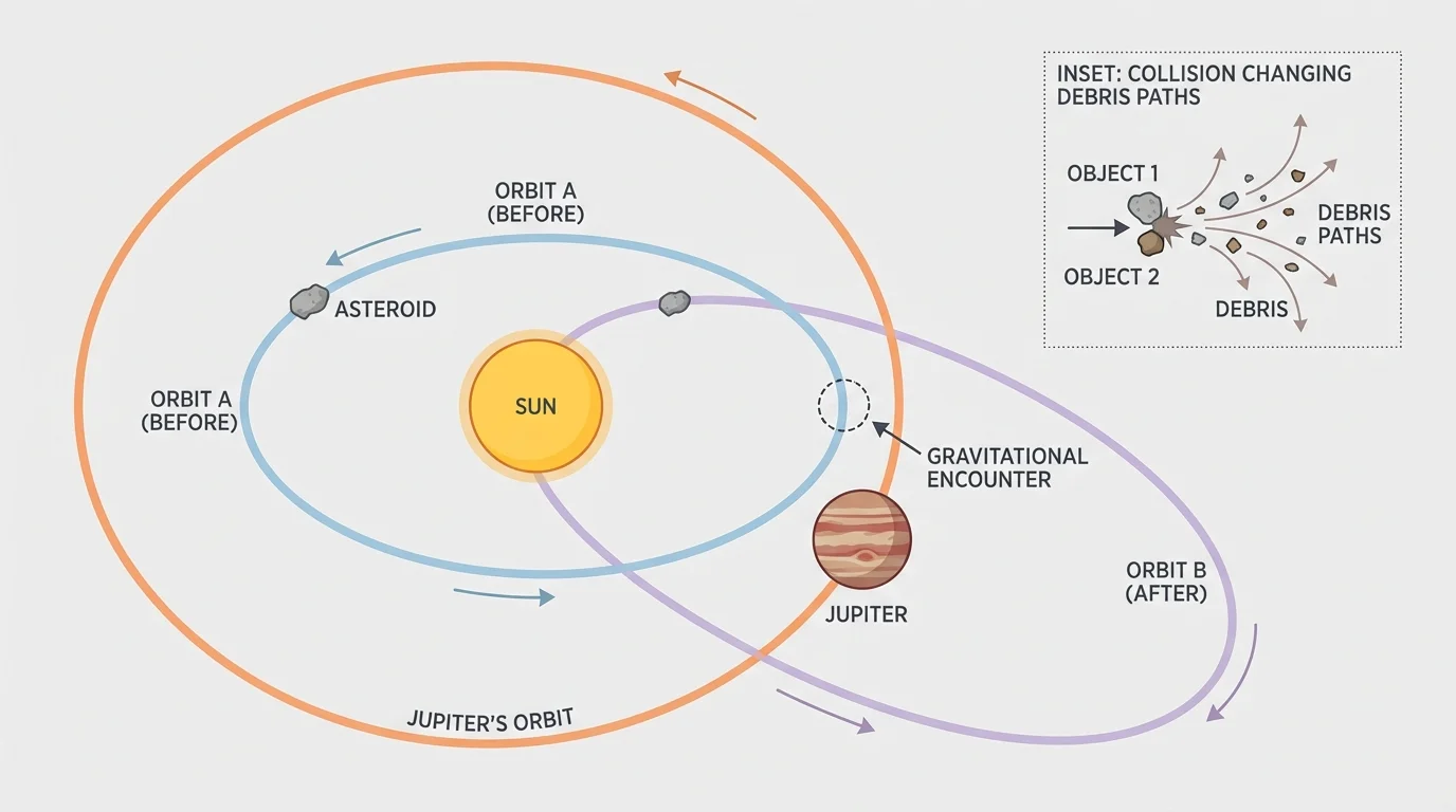 Comparison of an asteroid orbit before and after a gravitational encounter with Jupiter, with a small inset of a collision changing debris paths