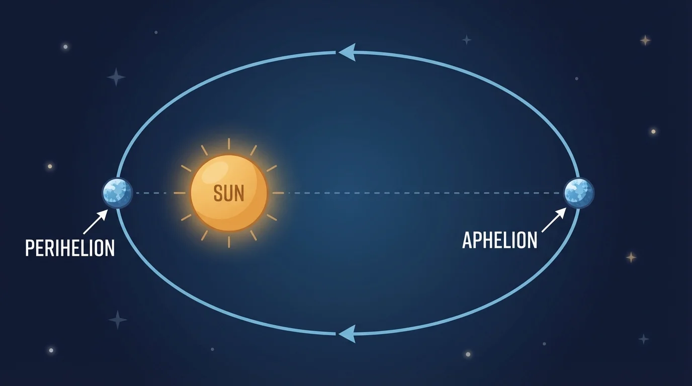 Elliptical orbit around the Sun with the Sun at one focus and closest and farthest points labeled perihelion and aphelion