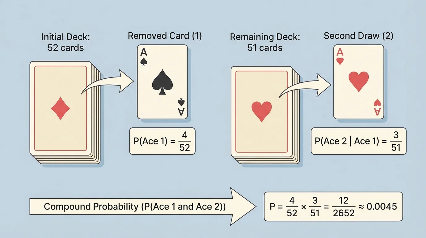 Card draw without replacement showing one card removed after the first draw and a smaller remaining deck for the second draw