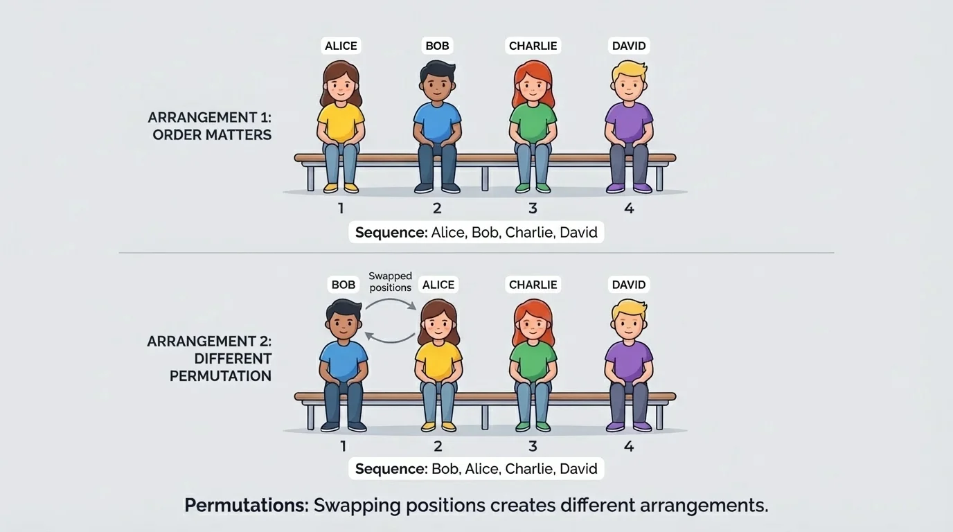 Four students seated in a row in two different seat orders, showing that swapping positions creates different arrangements