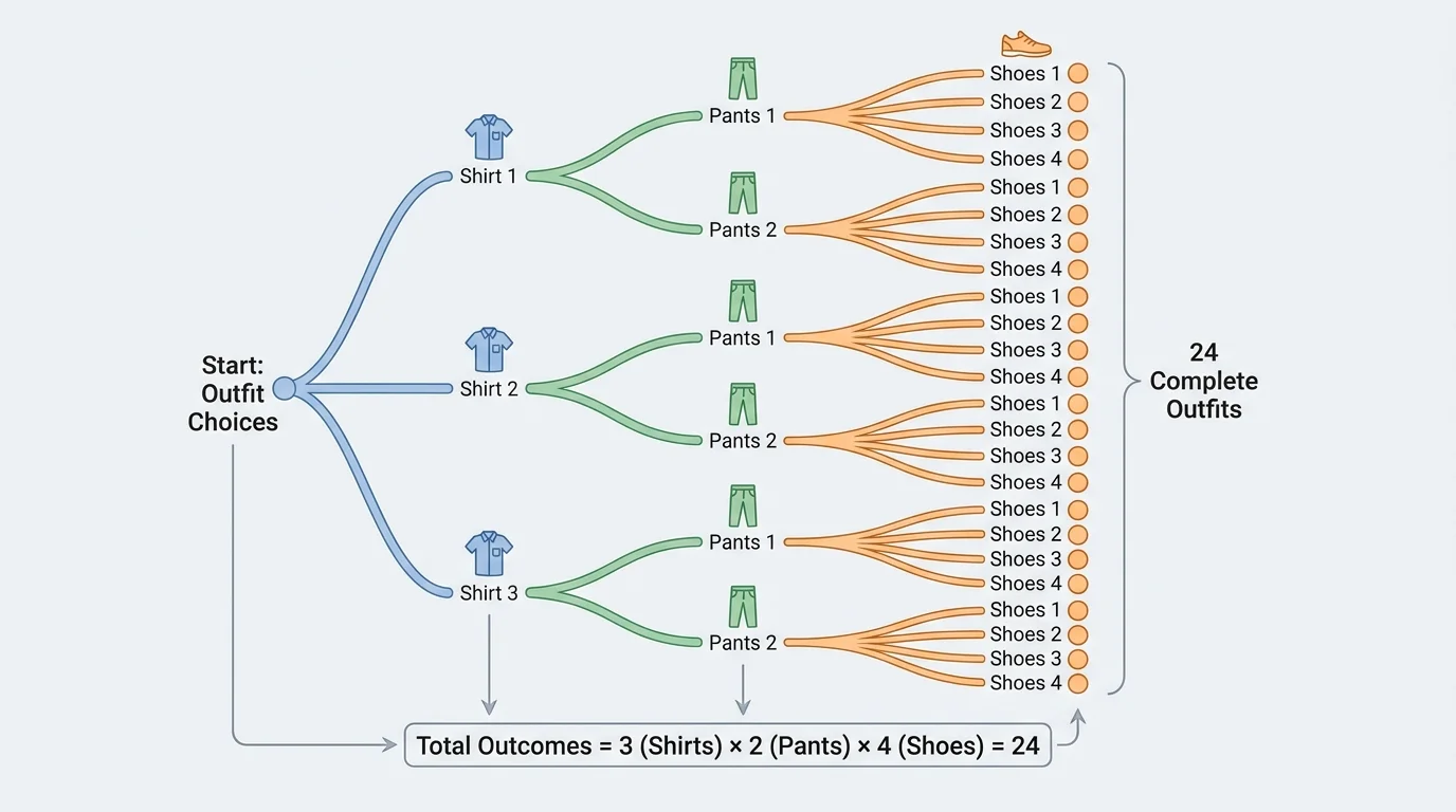 Branching diagram of choosing an outfit with 3 shirts, 2 pants options, and 4 shoe options to show multiplication of outcomes