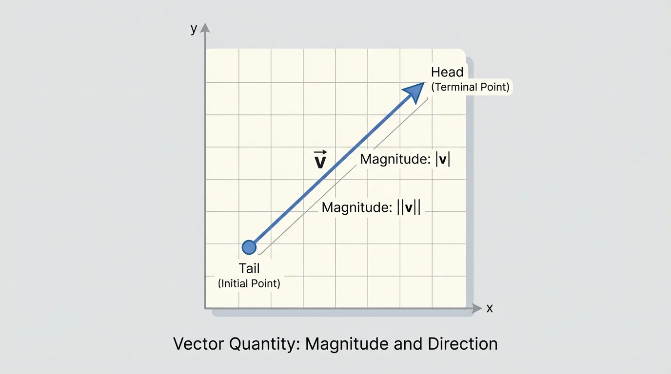 Directed line segment from one point to another on a coordinate plane, with tail and head labeled and the arrow pointing northeast