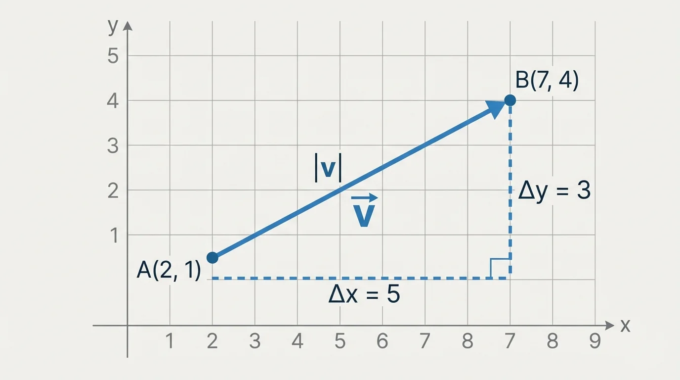 Coordinate plane with points (2,1) and (7,4), an arrow from the first to the second, and horizontal and vertical changes shown