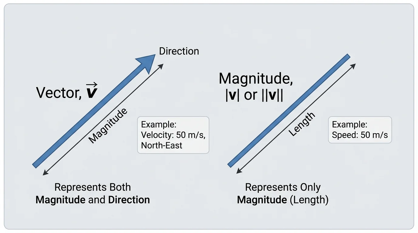 Side-by-side visual comparing a vector arrow symbol and a scalar magnitude label, with one arrow labeled vector and a separate length label labeled magnitude