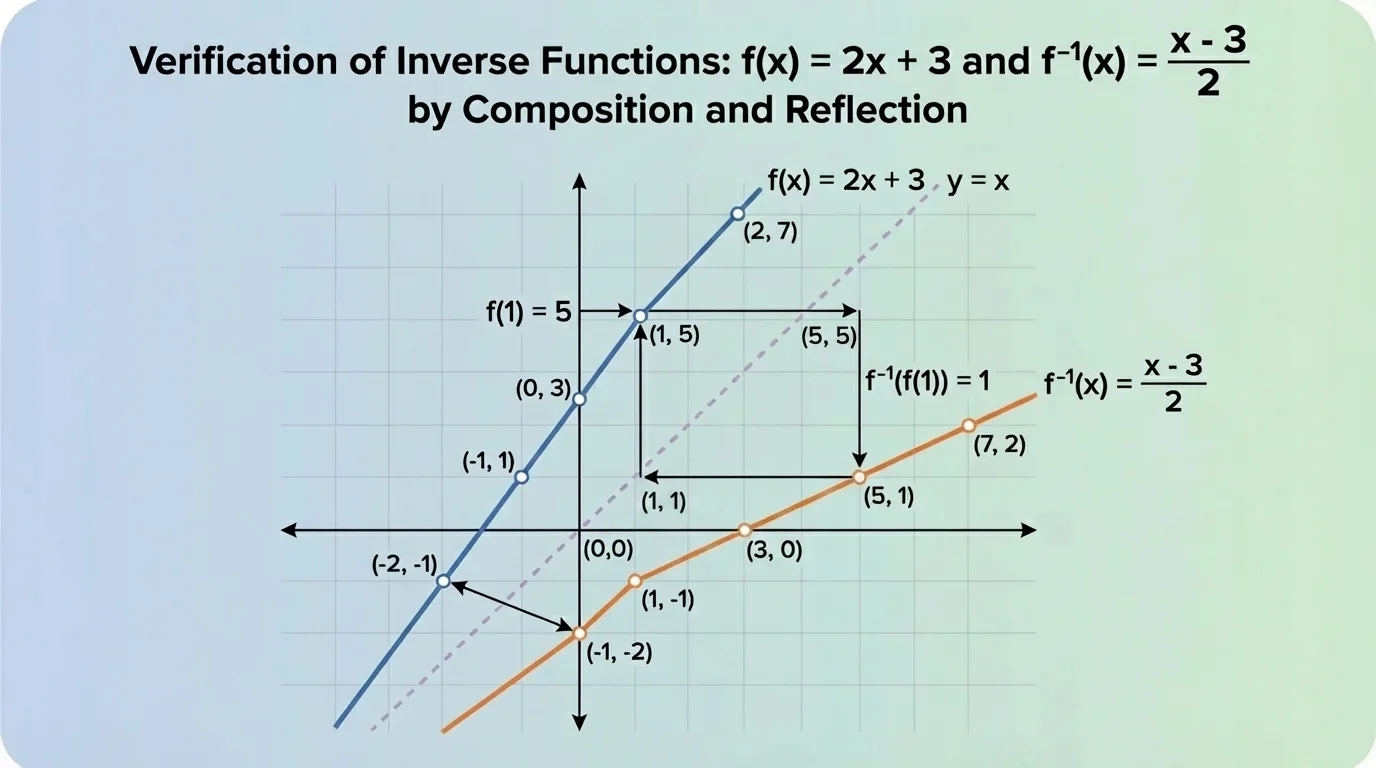 Coordinate plane showing the line y=2x+3, its inverse y=(x-3)/2, and the dashed line y=x as the line of reflection