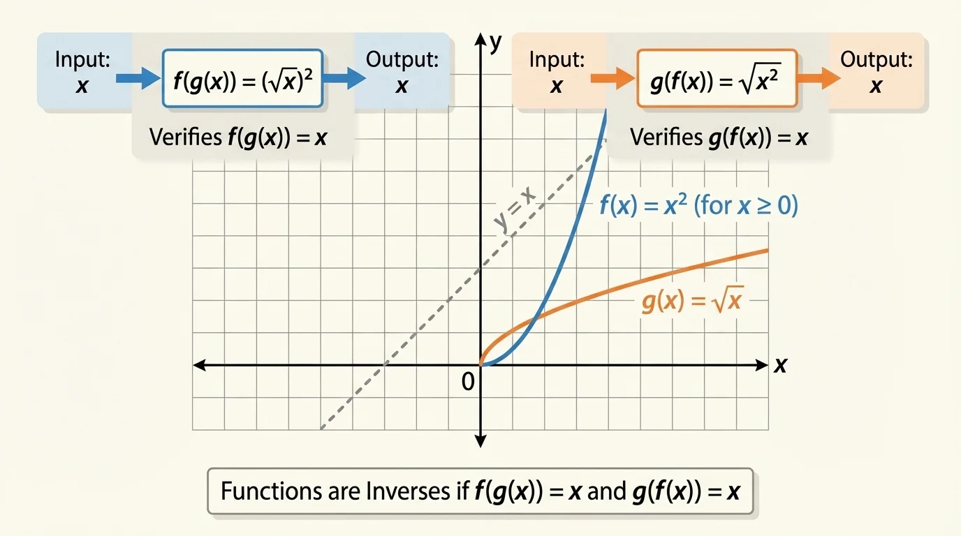 Coordinate plane showing the right half of the parabola y=x^2 for x>=0, the curve y=sqrt(x), and the dashed line y=x indicating reflection