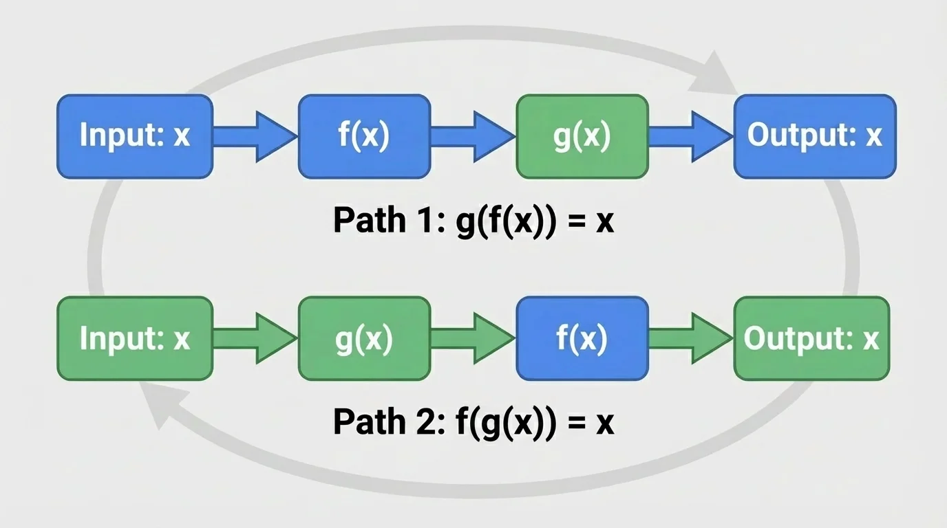 Input-output flow showing x entering f, then output entering g and returning to x, with a second path showing x entering g, then f, also returning to x