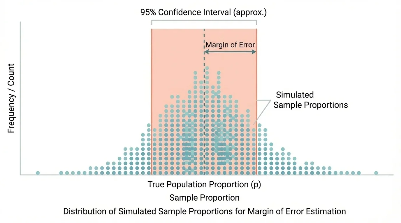 Distribution of many simulated sample proportions centered near a true population proportion, with a central interval marked as margin of error