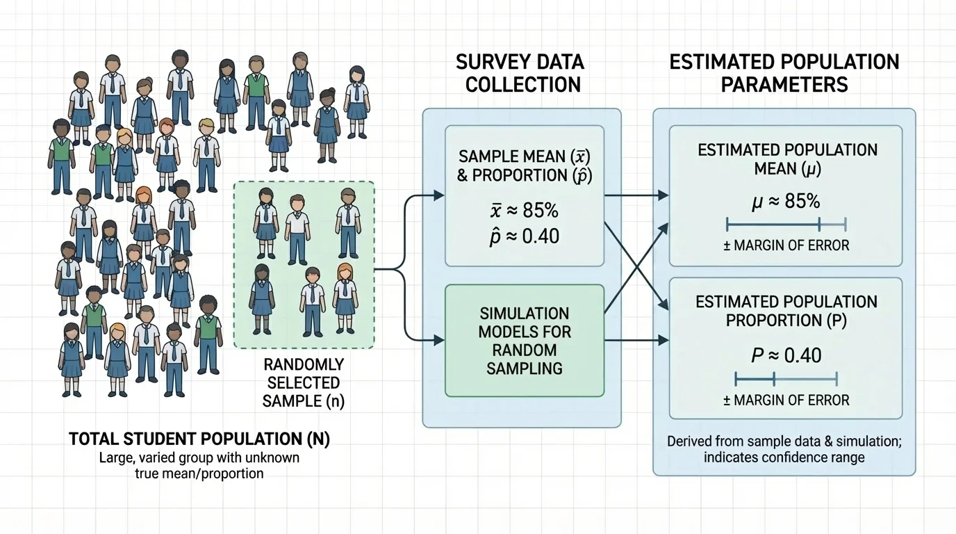 Large student population, a smaller randomly selected sample highlighted, and arrows from sample data to estimated population mean and proportion