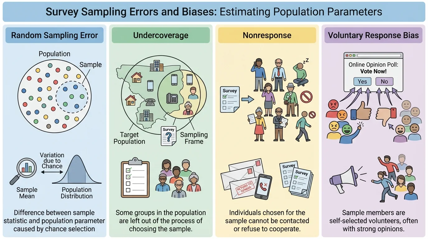 Comparison chart with columns for random sampling error, undercoverage, nonresponse, and voluntary response bias, each with a simple survey example icon