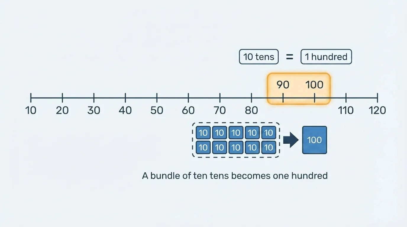 number line marked by tens from 10 to 120 with 90 to 100 highlighted as ten tens becoming one hundred