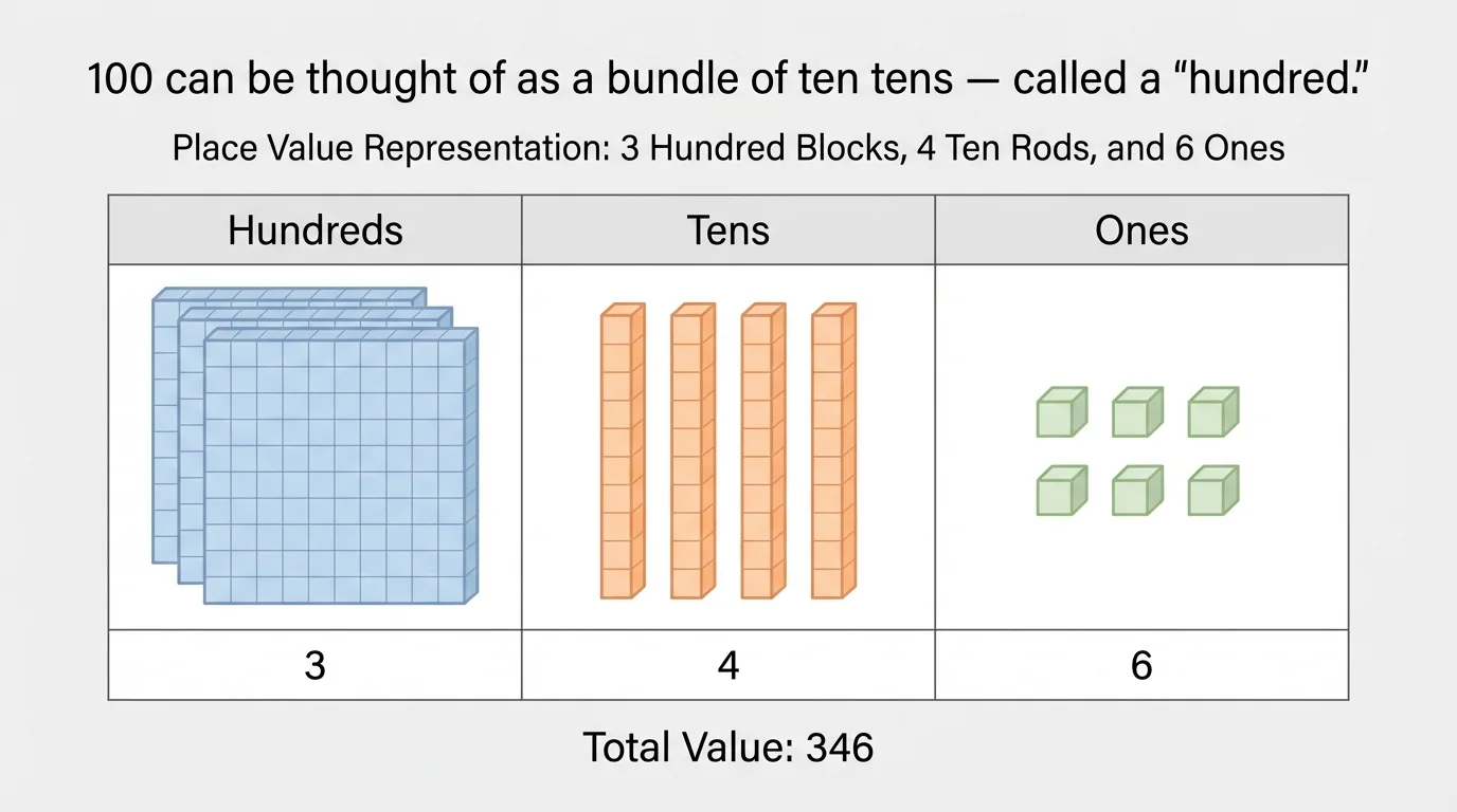 place value chart labeled hundreds, tens, ones with 3 hundred blocks, 4 ten rods, and 6 ones