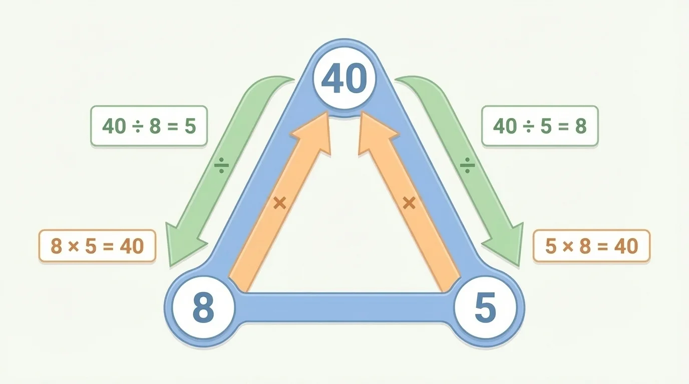 fact family triangle with 8, 5, and 40 and arrows leading to the four related facts around it