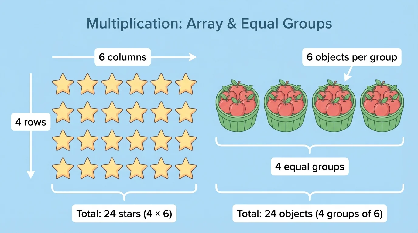 array of 4 rows with 6 stars each next to a picture of 4 equal groups of 6 objects, with simple labels rows, columns, and total