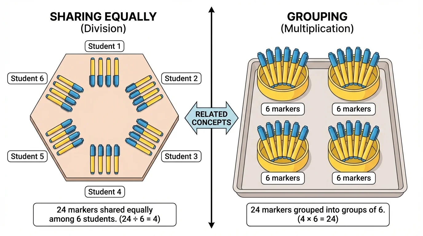 classroom scene with 24 markers shared equally among 6 students and a second view grouping 24 markers into groups of 6