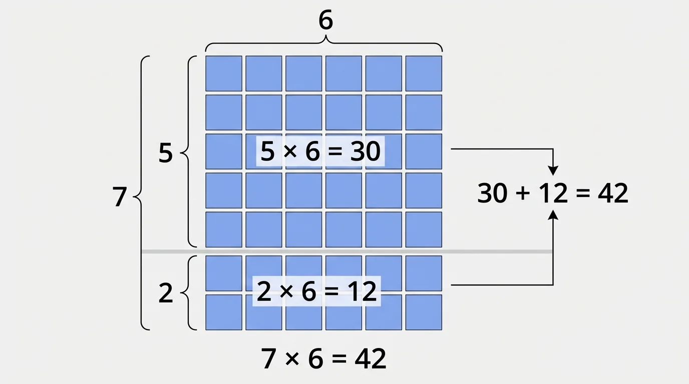 rectangular array for 7 by 6 split into a 5 by 6 section and a 2 by 6 section, with totals 30 and 12 combining to 42