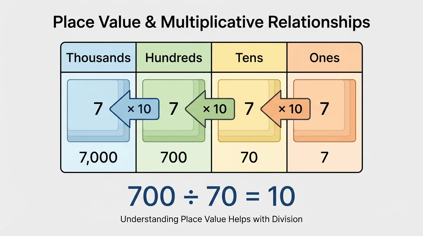 Place value chart with columns ones, tens, hundreds, thousands and arrows showing each place is 10 times the place to its right