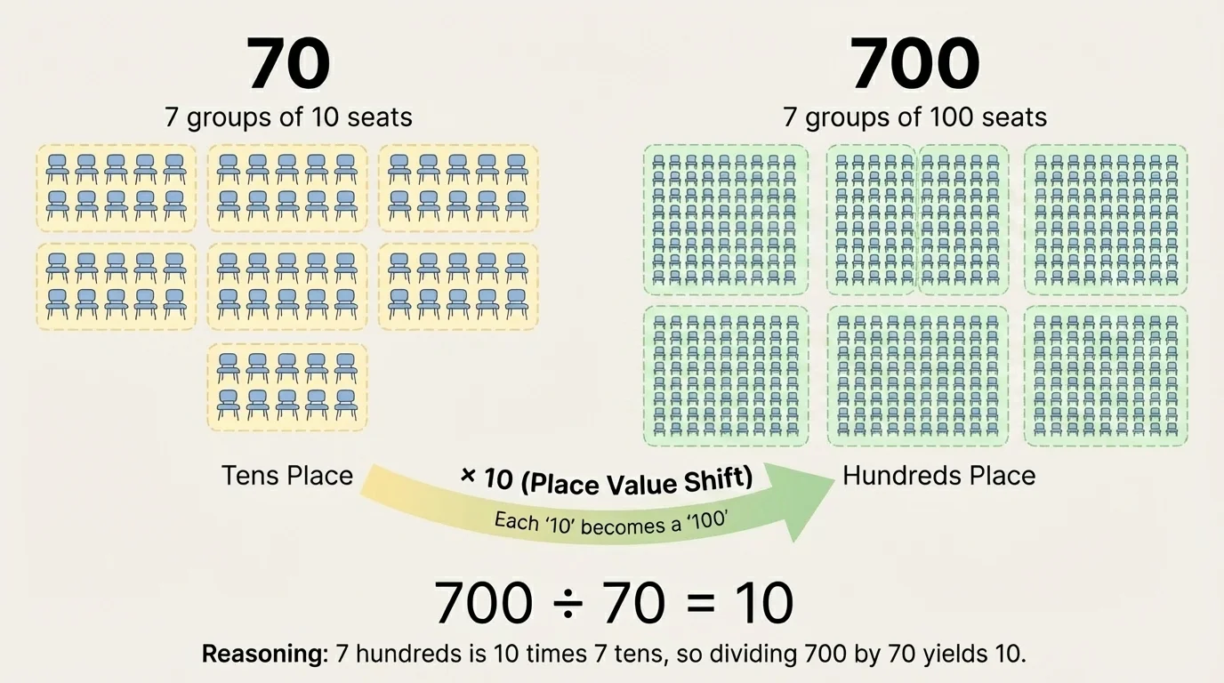 Classroom or auditorium seats arranged as 70 seats and 700 seats with groups of tens and hundreds clearly separated