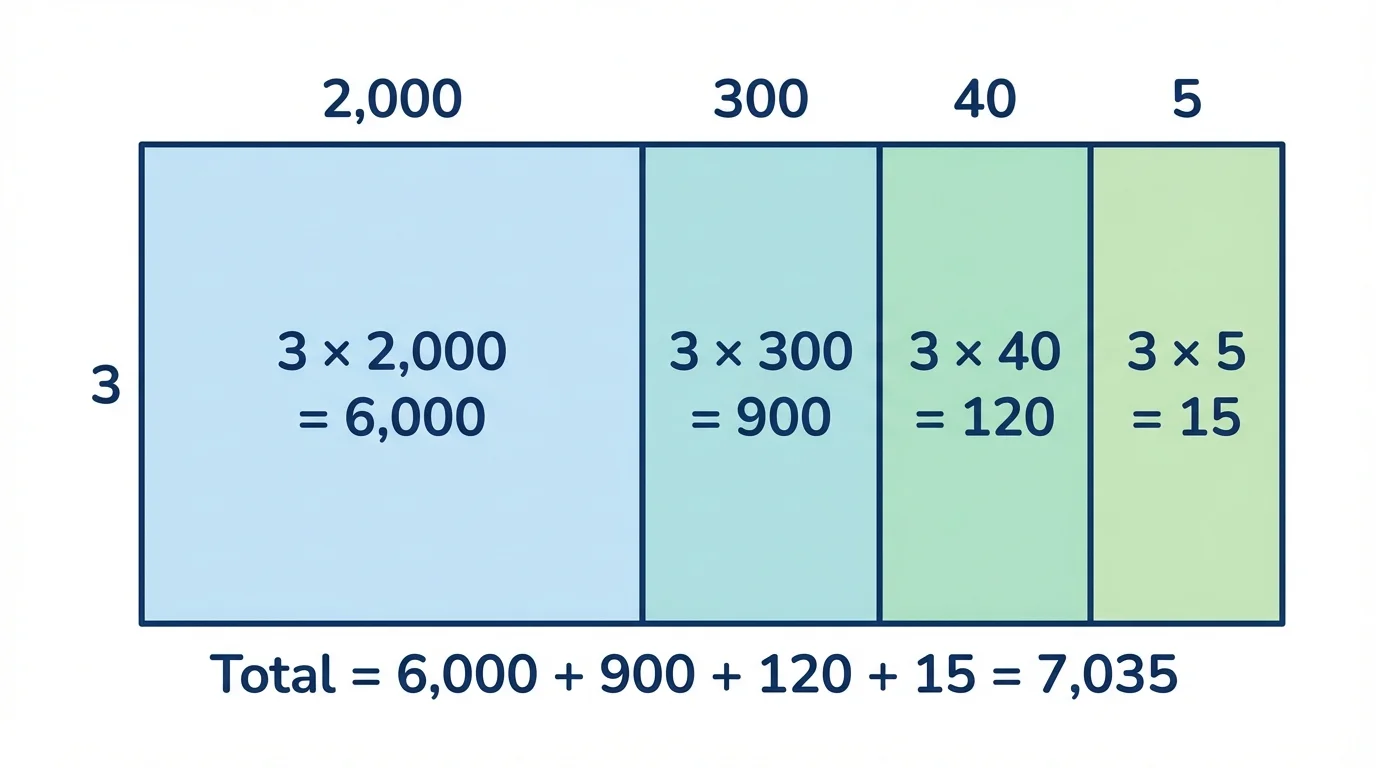 Area model rectangle split into 2,000, 300, 40, and 5 across one side and 3 on the other, with partial products 6,000, 900, 120, and 15 labeled