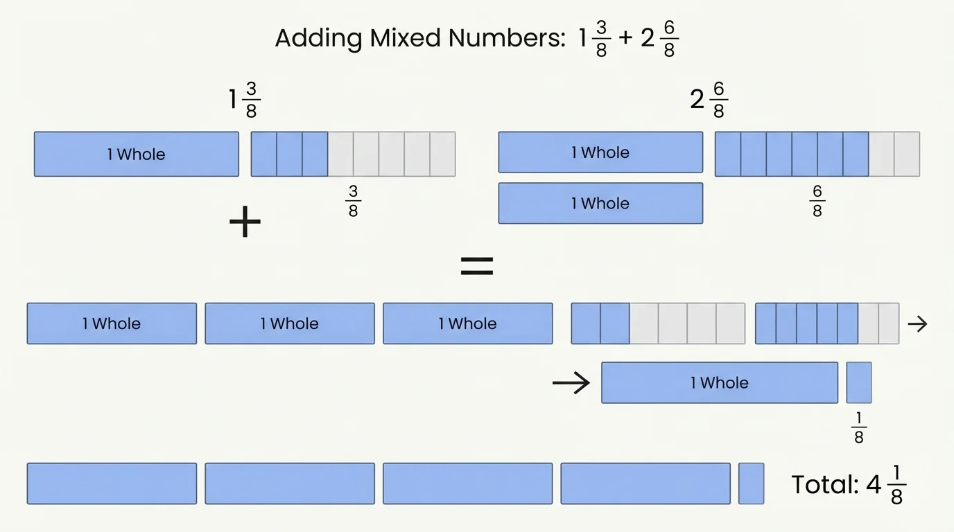 fraction bars showing eighths combining so that three eighths and six eighths make one whole and one extra eighth