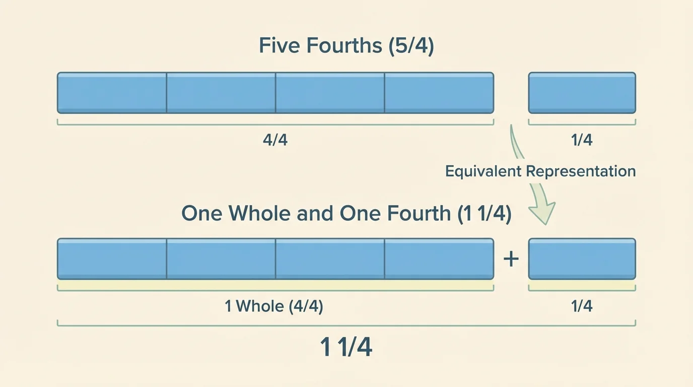 fraction strips showing five fourths grouped into one whole strip and one extra fourth