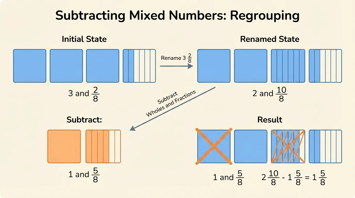 mixed-number model showing 3 and 2 eighths renamed as 2 wholes and 10 eighths before subtracting 1 and 5 eighths